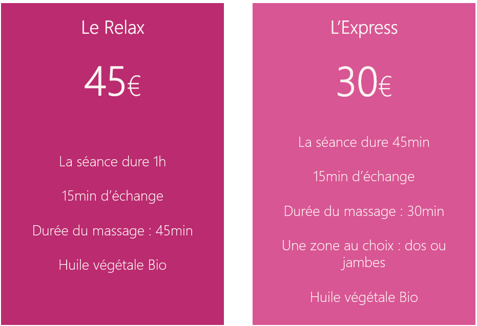 tarifs massages Relax et Express